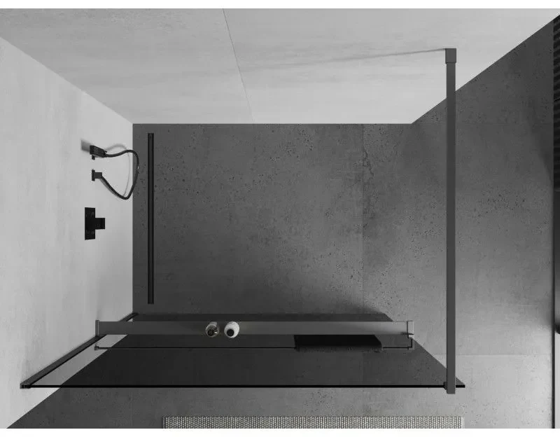 Mexen Kioto+, sprchová zástena Walk-In s poličkou a vešiakom 80 x 200 cm, 8mm šedé sklo, grafitový profil, 800-080-121-95-40