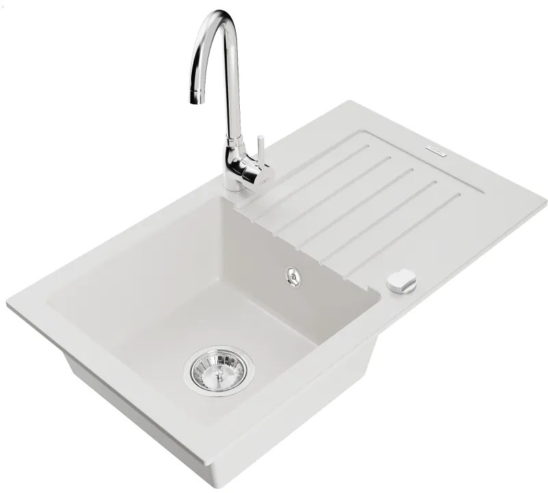 Mexen Pablo, 1-komorový granitový drez s odkvapkávačom 75x44 cm a kuchynskou batériou Telma, biela, 6510-20-670200-00