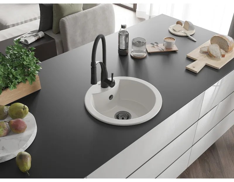 Mexen Diego, 1-komorový granitový drez 488x488x167 mm a drezová batéria Aster, biela, 6512-20-73450-70-B