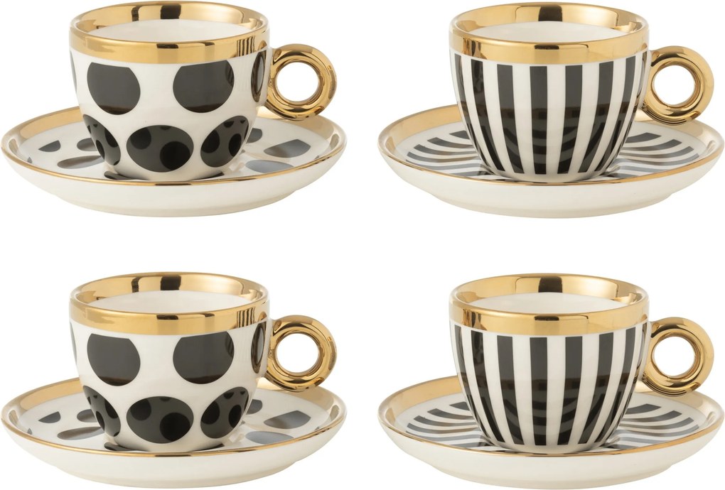 Set 4ks bielo-čierna šálka s tanierikom so zlatými detailmi Hollywood - Ø 13*8 cm