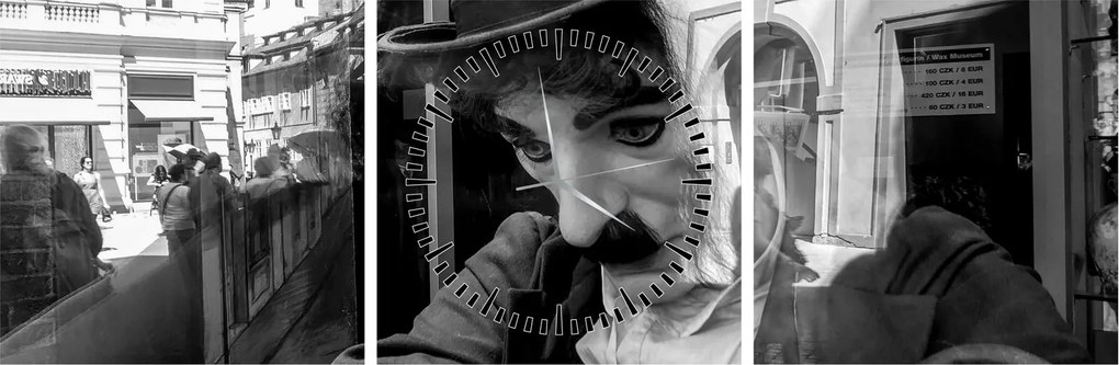 Obraz - Charles Chaplin v Prahe (s hodinami) (90x30 cm)