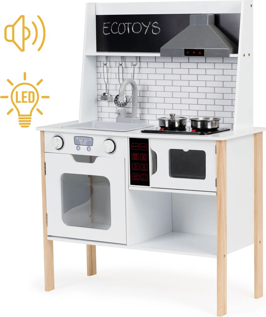 Drevená kuchynka pre deti ECOTOYS 3+ s LED, zvukom varenia, rúrou a mikrovlnkou