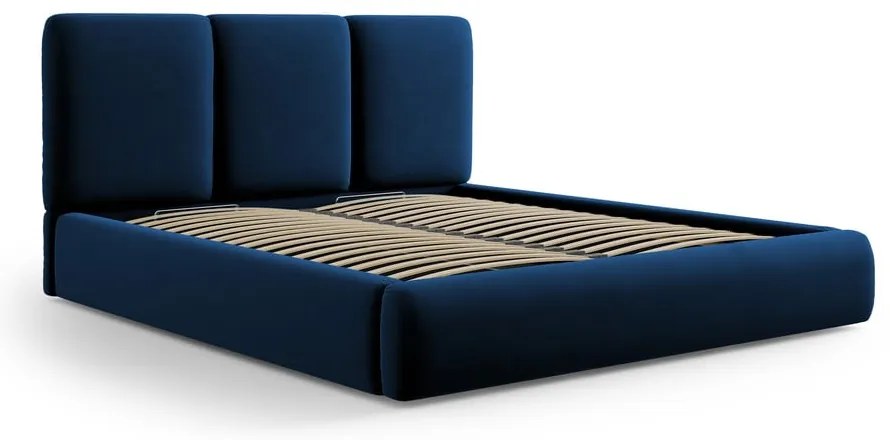 Tmavomodrá zamatová čalúnená dvojlôžková posteľ s úložným priestorom s roštom 200x200 cm Brody – Mazzini Beds