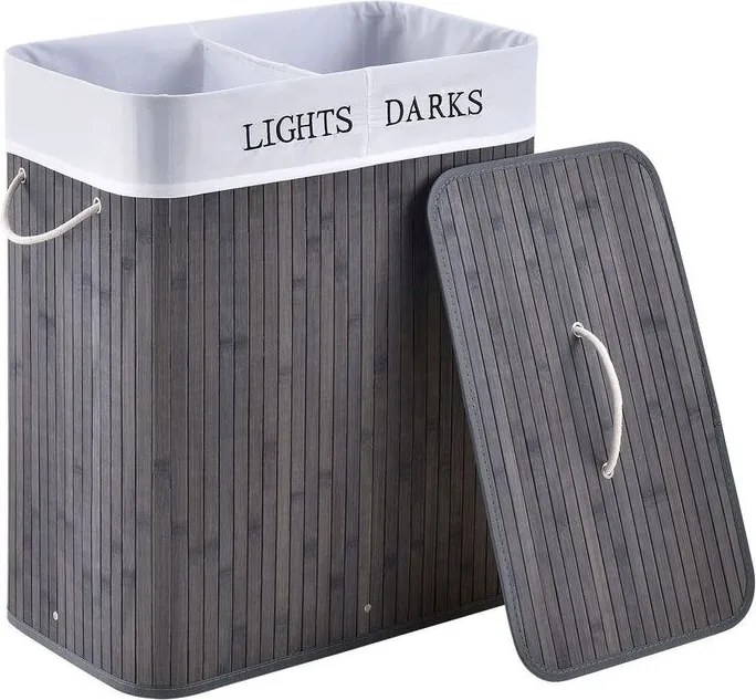 Bambusový košík na bielizeň 100 l, 2 priehradky, sivý