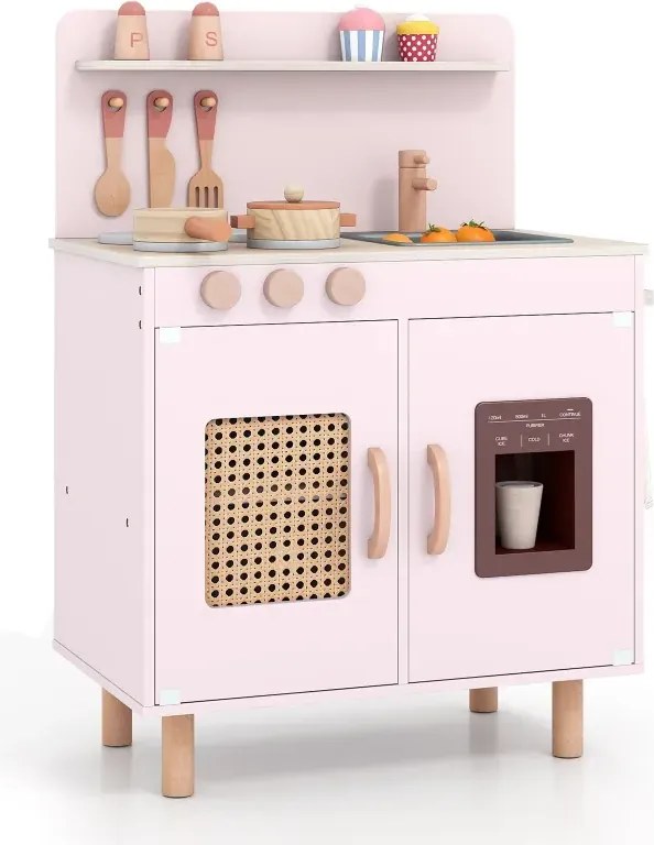 Detská kuchynka s úložným priestorom, svetlom, zvukom a realistickou zmrzlinovačkou Drevená kuchynka Ružová