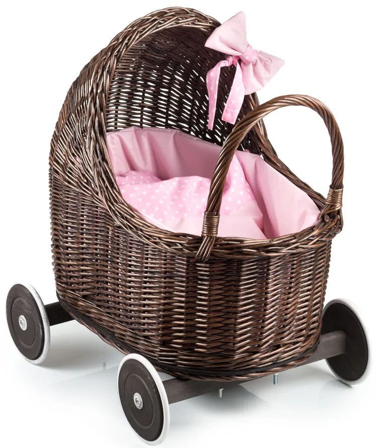 Kočík prútený ružové perinky pre bábiku Nukke V.š. 53 x hl. 35 x v. 32/55(cm)