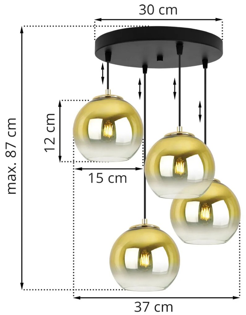 Závesné svietidlo Bergen Gold, 4x zlaté/transparentné sklenené tienidlo (fi 15cm), o