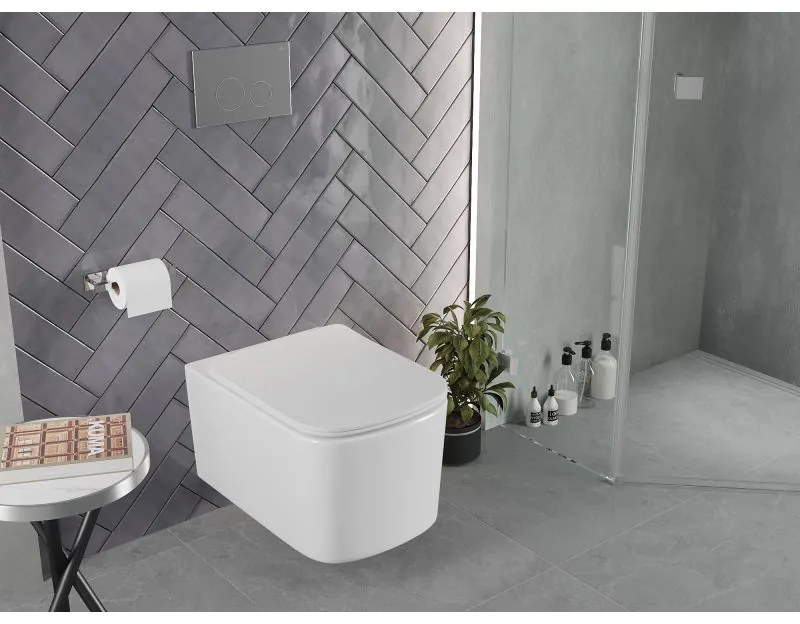 Mexen Vivo, závesná WC misa 555x370x335 mm, Rimless Tornádo + WC sedadlo z duroplastu, biela lesklá, 30610200T