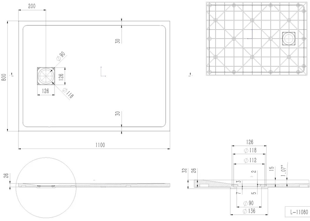 Erga Hyper, SMC sprchová vanička 110x80x2,6 cm + sifón, biela matná, ERG-V06-SMC-8011S-WH