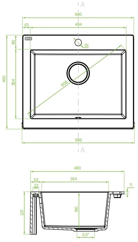 Laveo Komodo, 1-komorový granitový drez 586x490x221 mm, čierna škvrnitá, LAV-SBK_710A