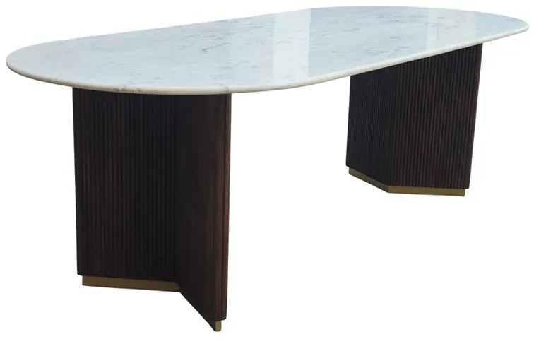 Jedálenský stôl GATSBY 240 cm oválny, mangové drevo, rám v tvare V, mramorová doska, biely