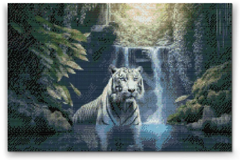 Gario Diamantové maľovanie Biely tiger pri vodopáde Rozmery: 60 x 40 cm, Rámovanie: Iba zrolované plátno, Diamanty: Okrúhle
