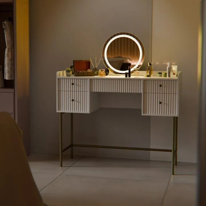 Toaletný stolík s LED zrkadlom, 5 zásuviek, biela/zlatá