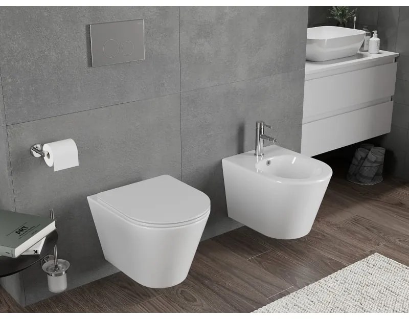 Mexen Rico, závesná WC misa 490x360x370 mm, Rimless Tornádo + WC sedadlo z duroplastu, biela lesklá, 30720300T