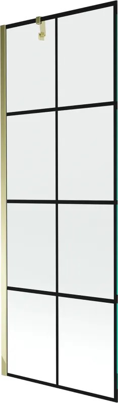 Mexen Next, vaňová zástena 1-krídlová 70 x 150 cm, fixné krídlo, 6 mm číre sklo s čiernym vzorom, zlatý profil, 895-070-000-00-77-50