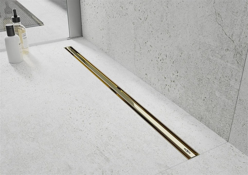 Mexen Flat nerezový sprchový žľab s rotačným 360° sifónom 110 cm, vzor SLIM, zlatá, 1541110