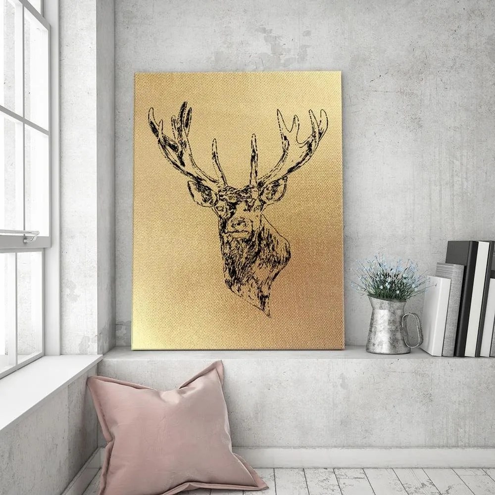 Gario Obraz na plátne Zlatá kreslená hlava jeleňa Rozmery: 40 x 60 cm