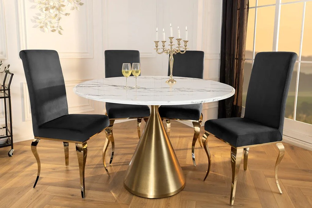 Jedálenský stôl ELEGANCIA 130 cm okrúhly rám so zlatým bielym mramorovým vzhľadom