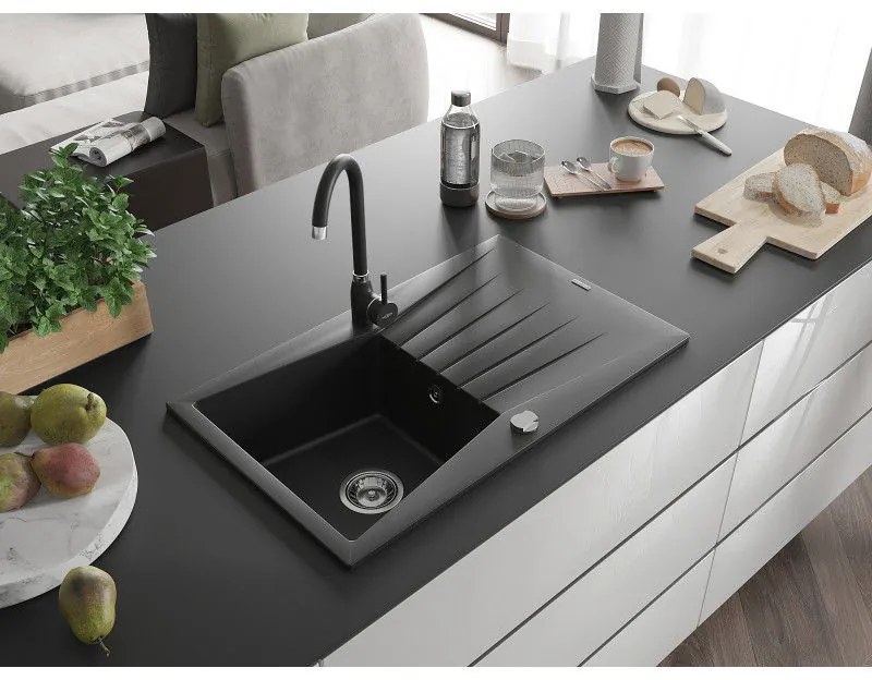 Mexen Cesar, 1-komorový granitový drez s odkvapkávačom 78x47 cm a kuchynskou batériou Telma, čierna, 6514-77-670200-70