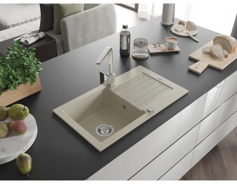 Mexen Pablo, granitový drez 752x436x161 mm, 1-komorový a chrómová batéria Rita, béžová, 6510-69-670300-00