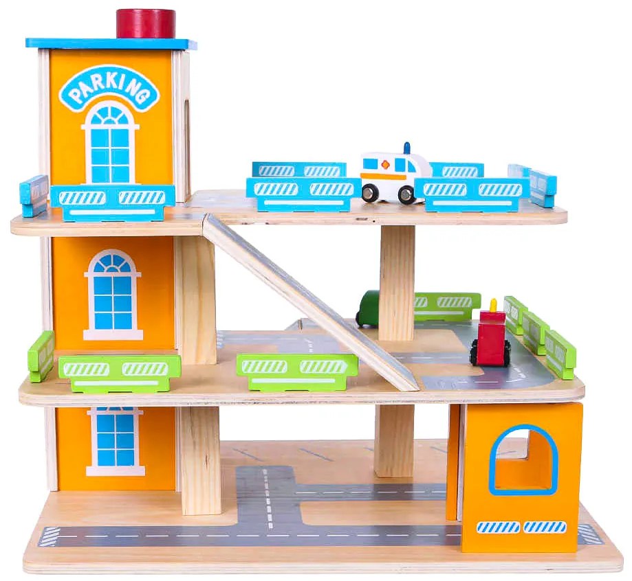 Wellhox Drevená garážová dráha s výťahom + autá