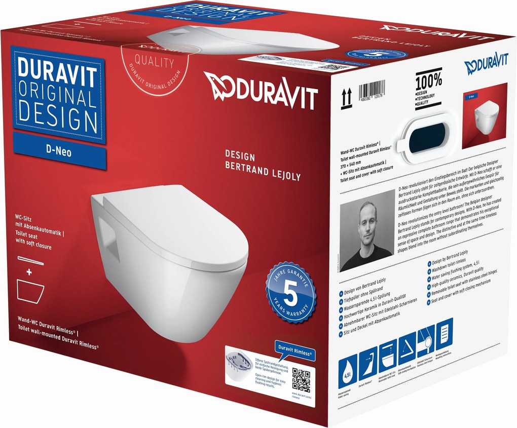 Duravit D-Neo súprava misa + pomaly padajúca doska závesné bez splachovacieho kruhu biela 45780900A1