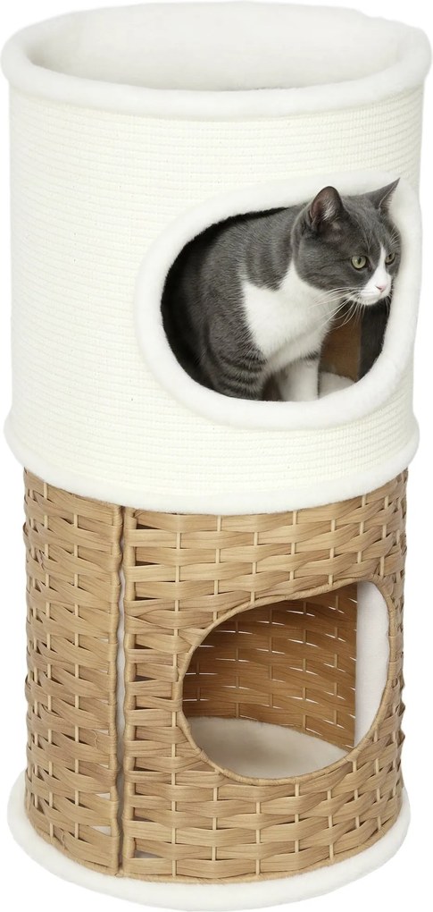PawHut škrabací valec 80 cm vysoký Ø 40 cm trojposchodový mačací valec s plyšovým okrajom, mačacia jaskyňa, škrabací stĺp pre stredne veľké mačky, kré