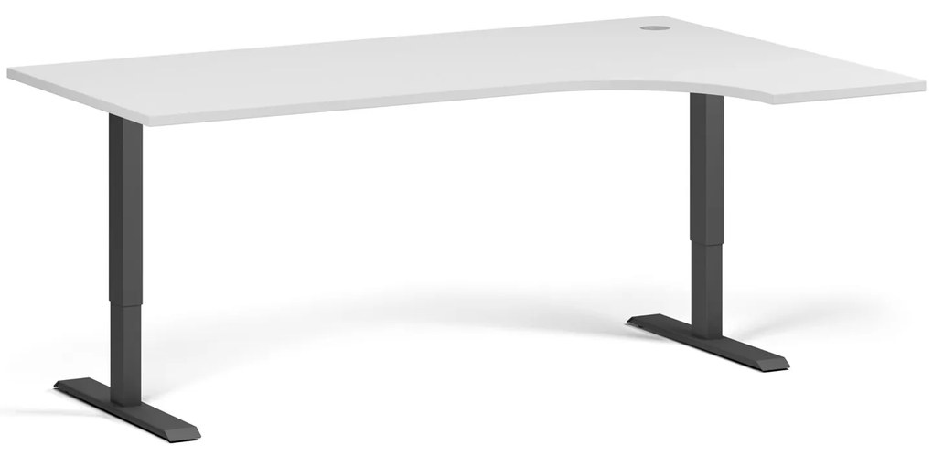 Rohový výškovo nastaviteľný stôl, 180x120 cm, 1 motor, L/P, čierna podnož, biela