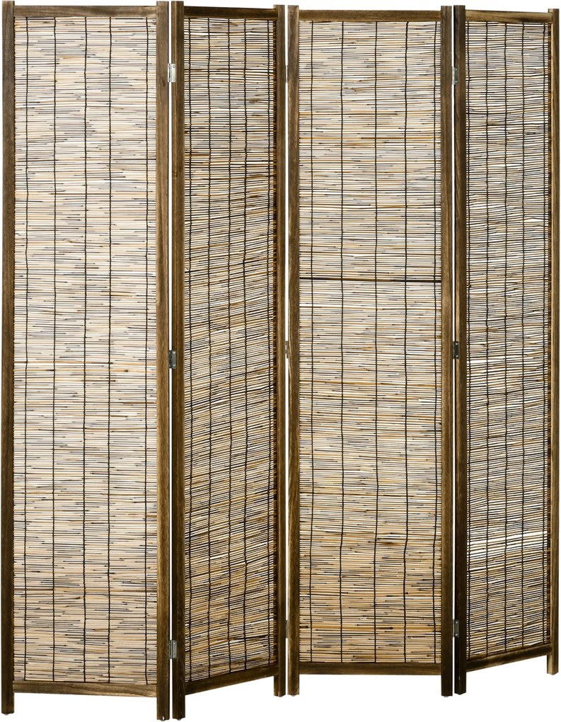 HOMCOM 4-panelová sklápacia priečka 160 cm x 1.8 cm x 170 cm Rustikálny štýl drevená a rákosová delička pre kanceláriu, spálňu a obývačku | Aosom