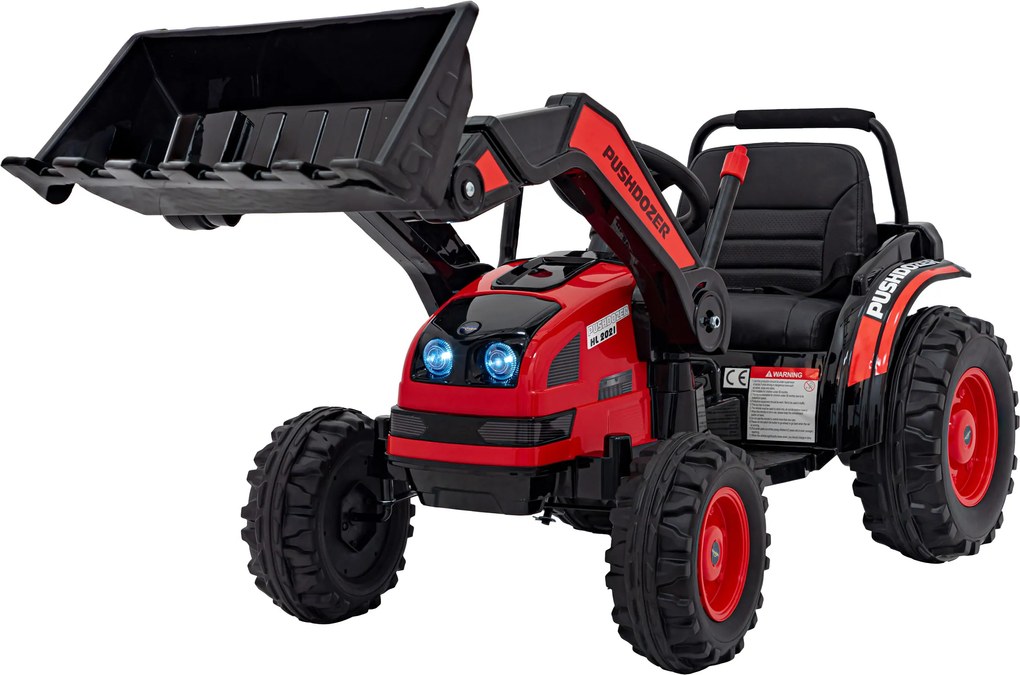 Ramiz Detský traktor na batérie Červený + pohyblivé rameno s lyžicou + diaľkové ovládanie + pomalý štart + FM rádio + LED