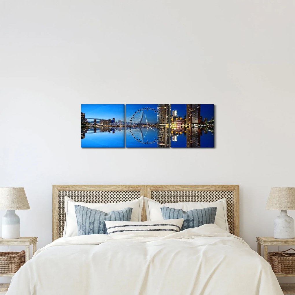 Obraz - nočný Rotterdam (s hodinami) (90x30 cm)