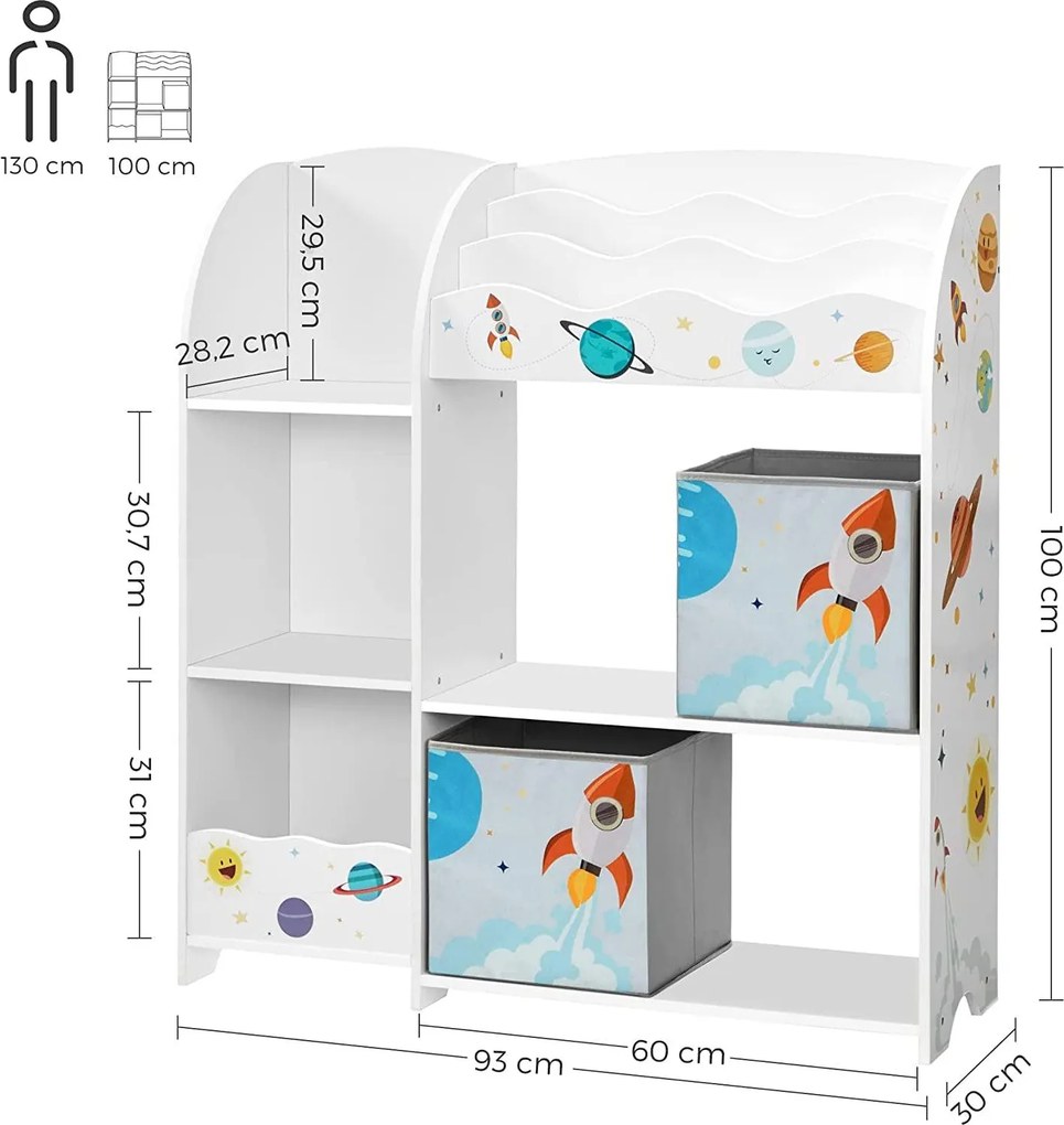 Detský regál na hračky a knihy s 2 úložnými boxmi, biely