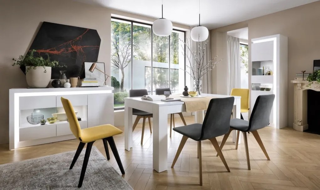 Vysoká vitrína Lyon, biela lesk, s osvetlením, ľavá