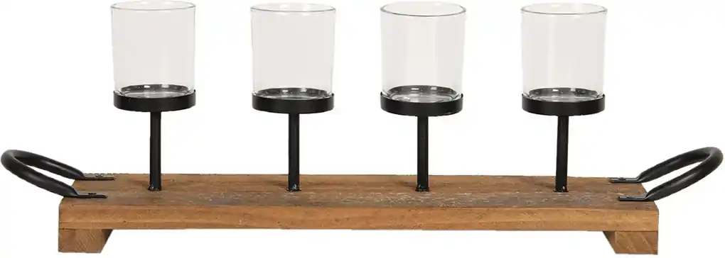 Drevený svietnik na štyri čajové sviečky s kovovými ušami - 42 * 14 * 10 cm  | Biano