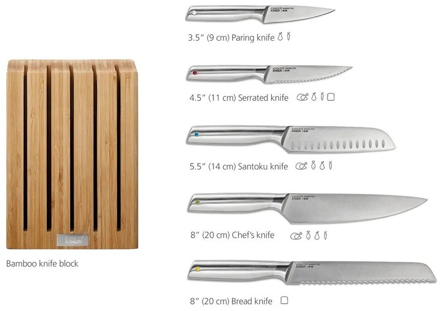 Súprava nožov so stojanom 5 ks z nehrdzavejúcej ocele Elevate Bamboo – Joseph Joseph