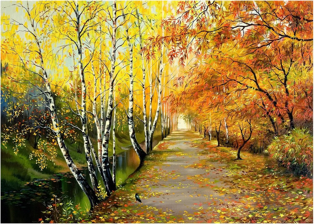 Sklenený obraz - Romantická alej pozdĺž vody, olejomaľba (70x50 cm)