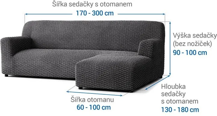 Bielastické poťahy MOSAICO tmavosivé sedačka s otomanom vpravo (š. 170 - 300 cm)