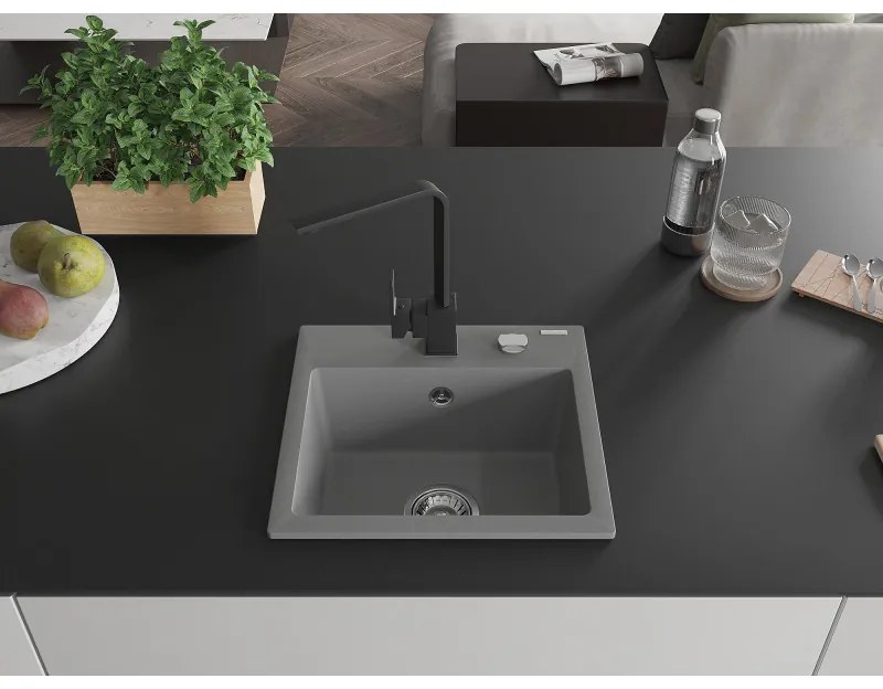 Mexen Milo, 1-komorový granitový drez 435x410x171 mm a čierna batéria Rita, šedá, 6505-71-670300-70