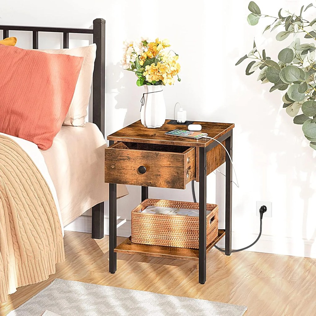 Noční stolek Vasagle Ferira 40 cm s nabíjecí stanicí černý/hnědý