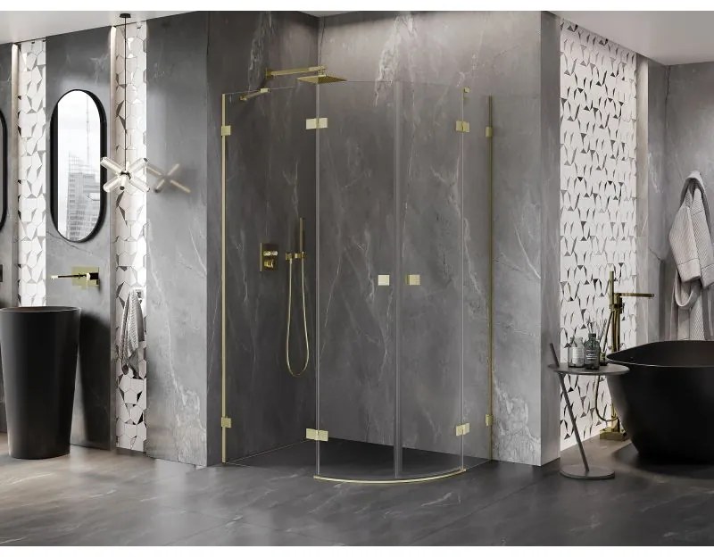 Mexen Lunar, polkruhový sprchový kút výklopný doľava 80 x 70 cm, 8mm číre sklo, zlatý matný profil, 833-080L-070P-55-00