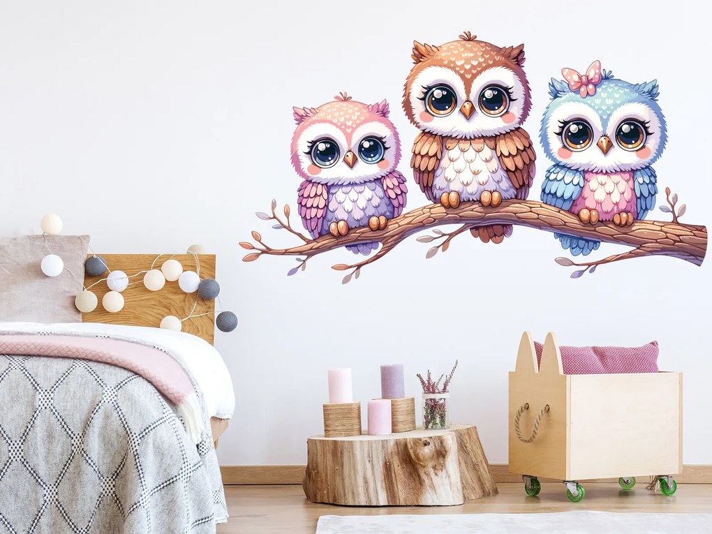 Vetva so sovami textilní prelepiteľná nálepka na stenu list 75 x 40 cm