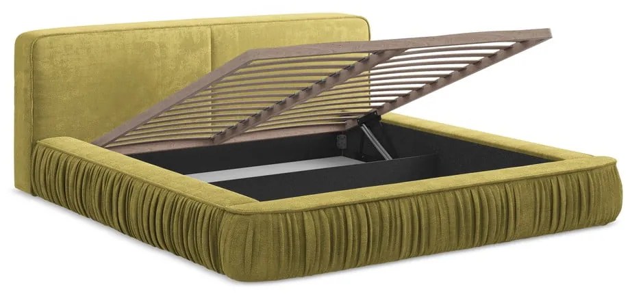 Žltá čalúnená dvojlôžková posteľ s úložným priestorom s roštom 180x200 cm Keoni – Makamii