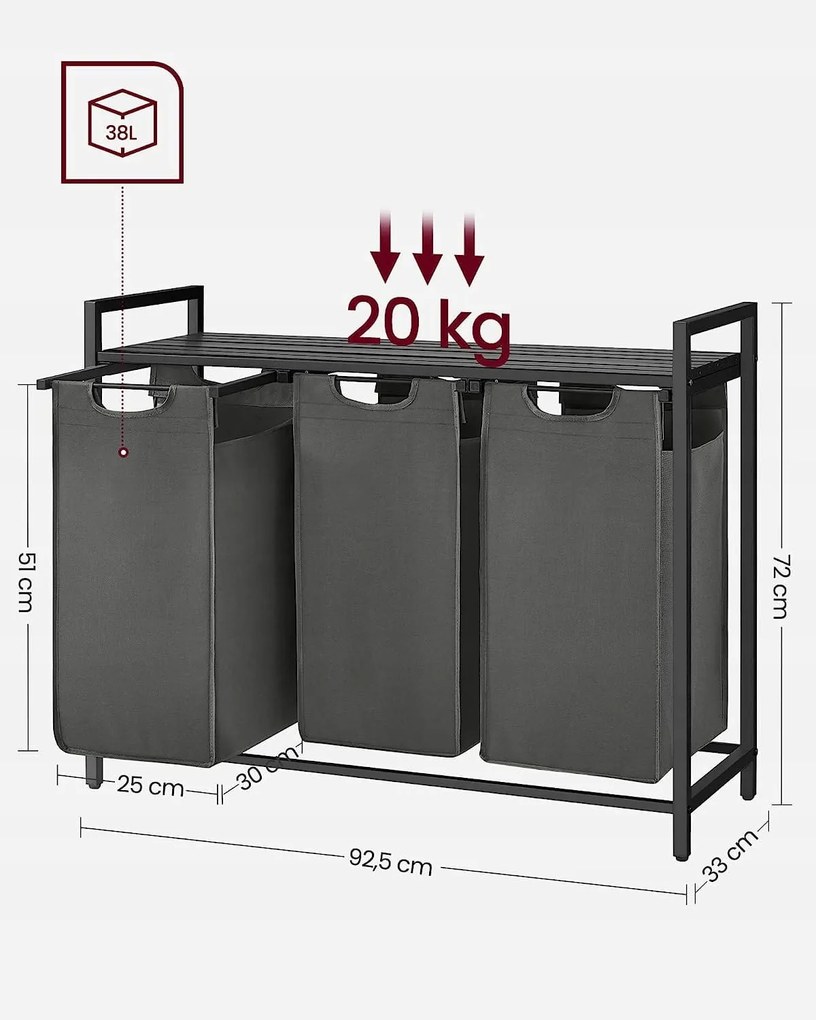Dekorstudio Trojkomorový kôš na pranie v čiernej farbe - BLH301G01