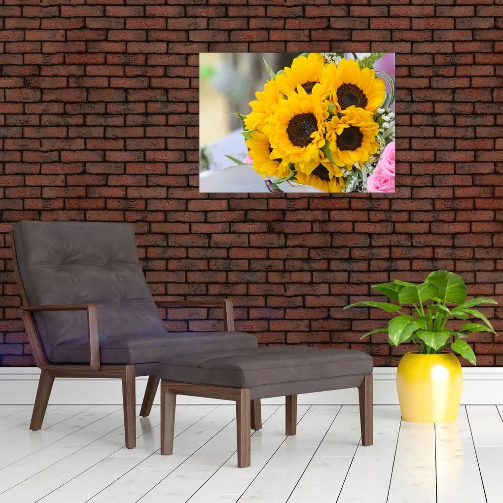 Sklenený obraz svadobnej kytice zo slnečníc (70x50 cm)