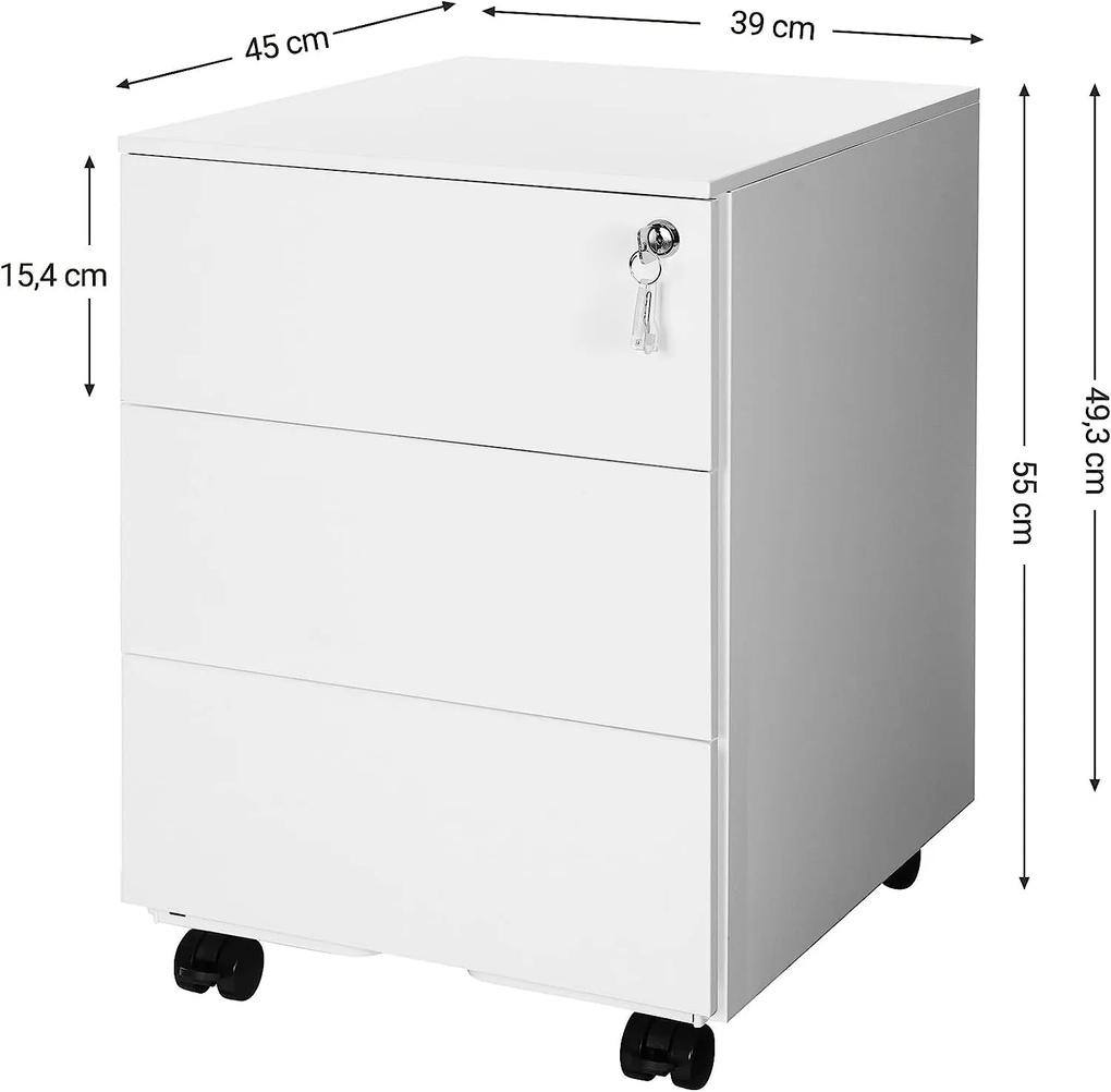 SONGMICS Pojazdná skriňa na dokumenty biela 3 zásuvky 39 x 55 x 45 cm