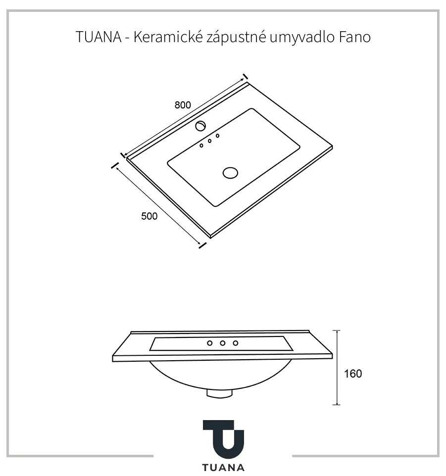 Tuana Fano, keramické zápustné umývadlo 80x50 cm, biela lesklá, CER-TU-475856