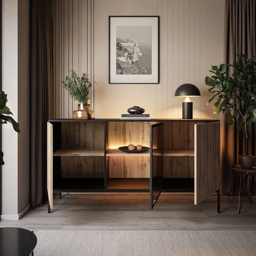 Komoda ADRIENNE s LED osvetlením + čierna matná + dub wotan 154cm