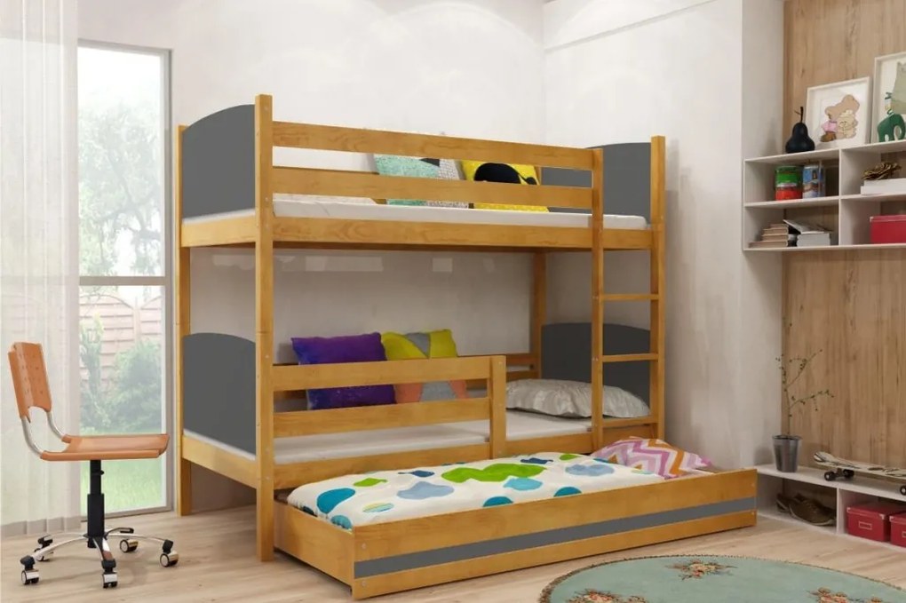 BMS Group Poschodová posteľ s prístelkou TAMI - s úložným priestorom - pre troch - JELŠA