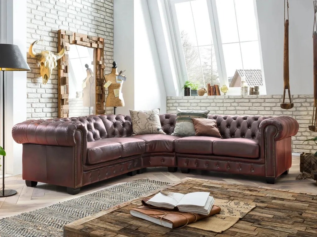 furniture-nabytek.cz - Masívna rohovásedacia súprava Chesterfield III z pravej kože, červená – 294×294×74 cm