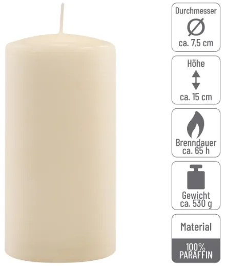 Sada stĺpových sviečok, 15 cm, Ø 7,5 cm, krémová, 4 ks